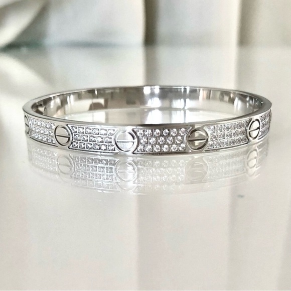 Stainless Steel Pave Diamond Screw Cuff Bangle Love Bracelet with Screwdriver - Picture 4 of 11